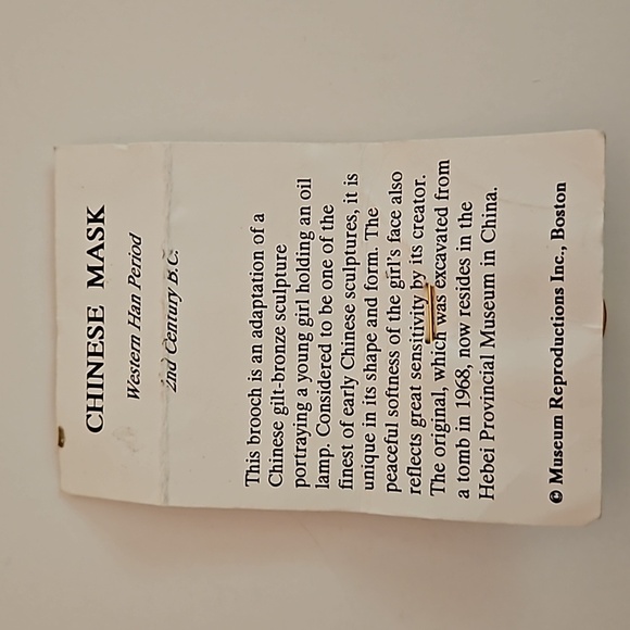 CHINESE MASK in Soft Goldtone  that is a Museum Reproduction Brooch - Picture 5 of 5